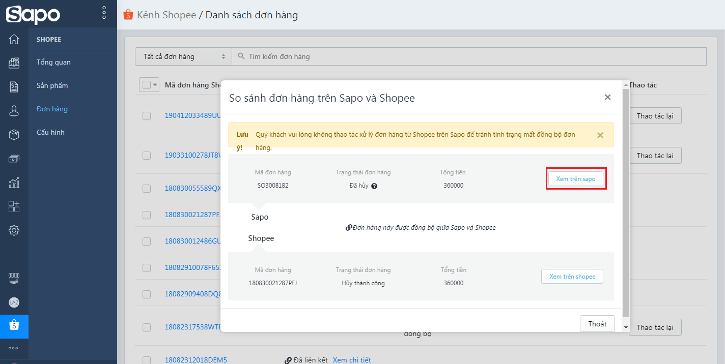 Quản lý đơn hàng tập trung trên Shopee với Sapo