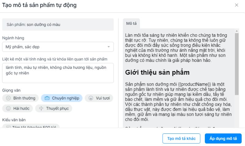 Tính năng viết mô tả tự động trên Sapo Web ứng dụng công nghệ AI