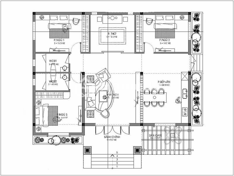 Bản vẽ nhà cấp 4 100m2 3 phòng ngủ mái bằng