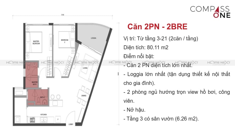 mô hình căn hộ hai phòng ngủ compass one