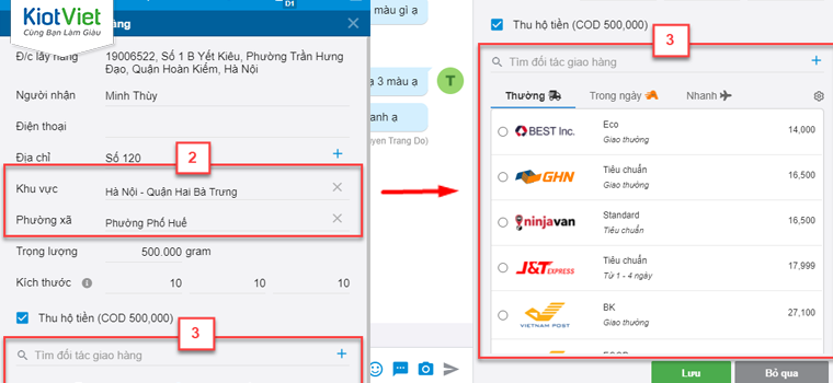 Chọn đơn vị giao vận ngay trên phần mềm