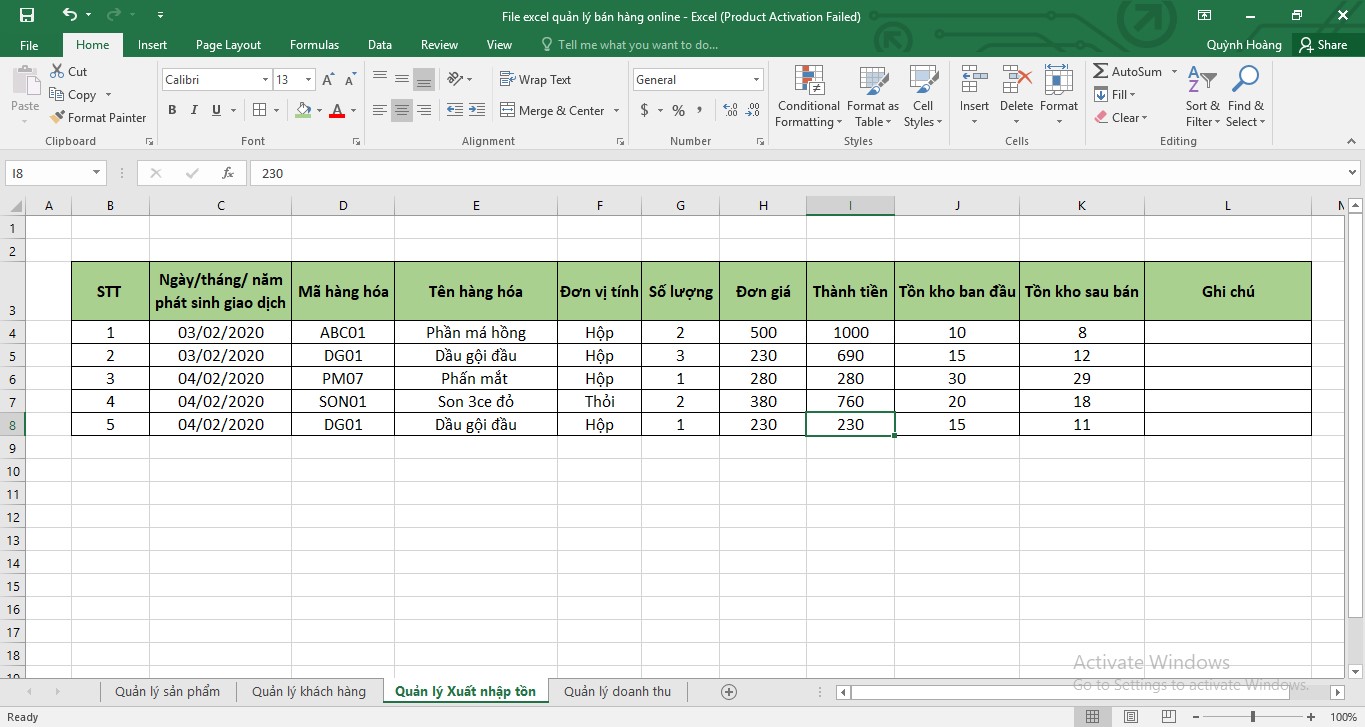 file excel quản lý xuất nhập tồn