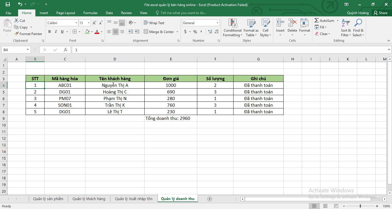 File excel quản lý doanh thu