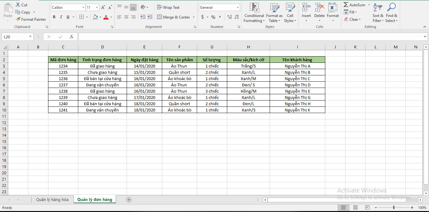 Mẫu file excel quản lý bán hàng quần áo theo đơn hàng