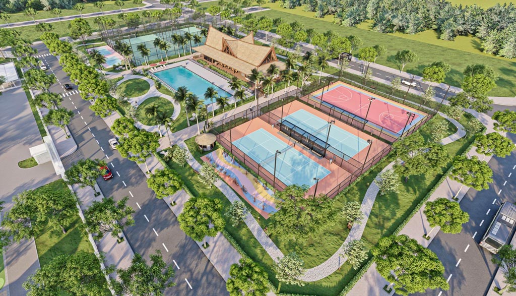 khu Clubhouse ngoài trời với nhà hàng, hồ bơi và các sân bóng đá, bóng rổ, tennis... triển khai xây dựng trong tháng 11/2023