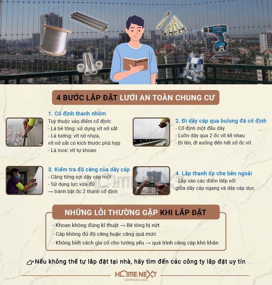 4 bước lắp đặt lưới an toàn chung cư