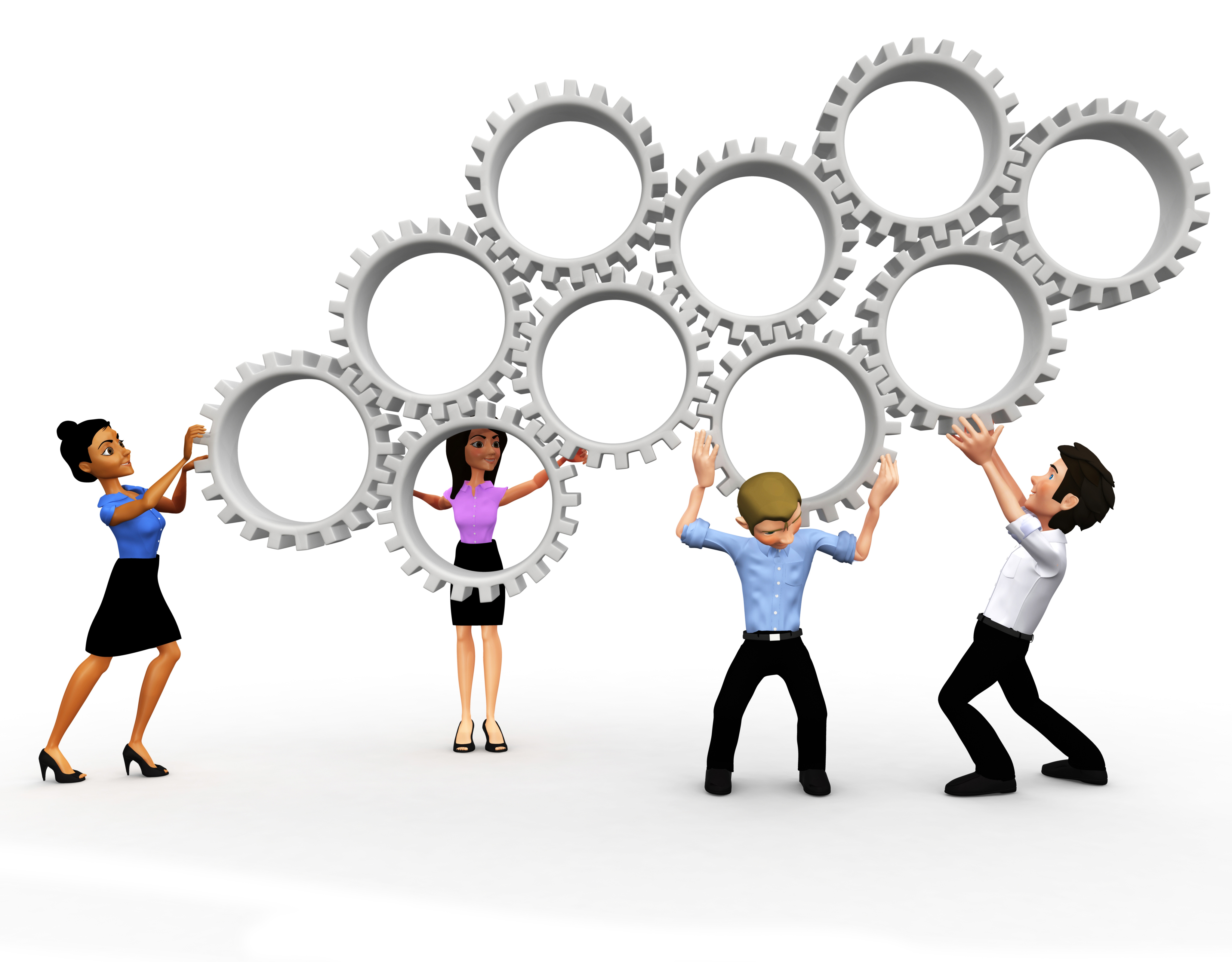 3D business team assembling mechanical gears - isolated over a white background