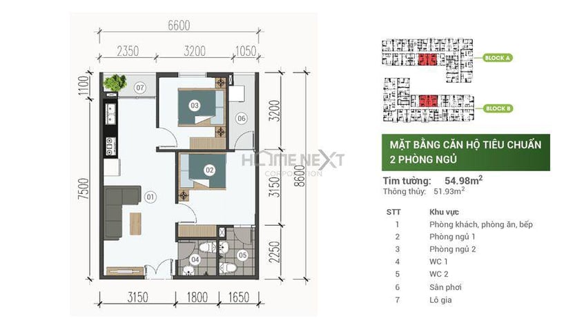 Mặt bằng căn hộ Park View Thuận An - 2 phòng ngủ