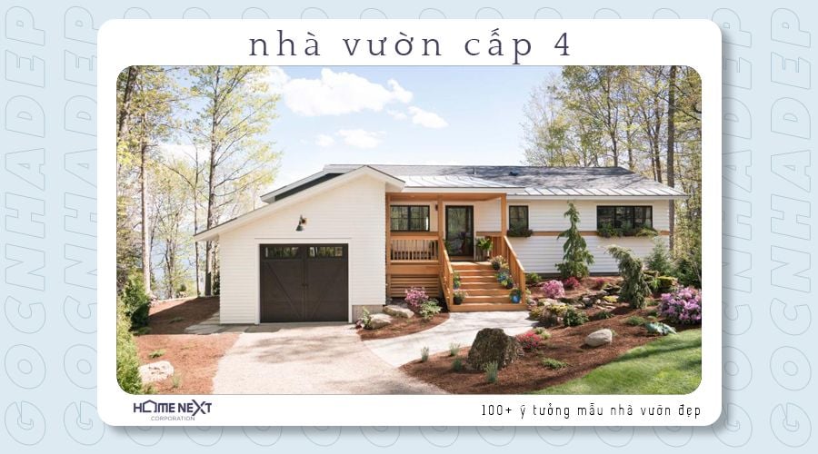 Nhà cấp 4 có bậc thang đi lên kết hợp với sân vườn tiểu cảnh