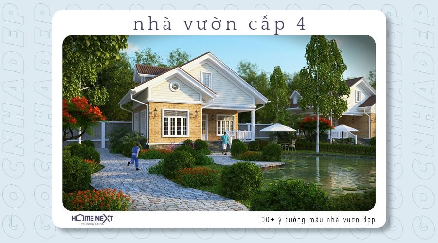 Nhà vườn cấp 4 mái thái hiện đại kết hợp với sân vườn có bờ hồ tạo cảm giác mát mẻ