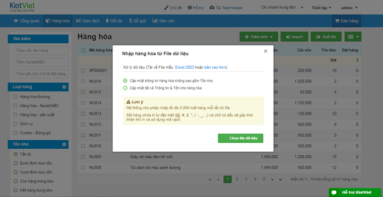 Tính năng nhập xuất hàng hóa từ file Excel của KiotViet