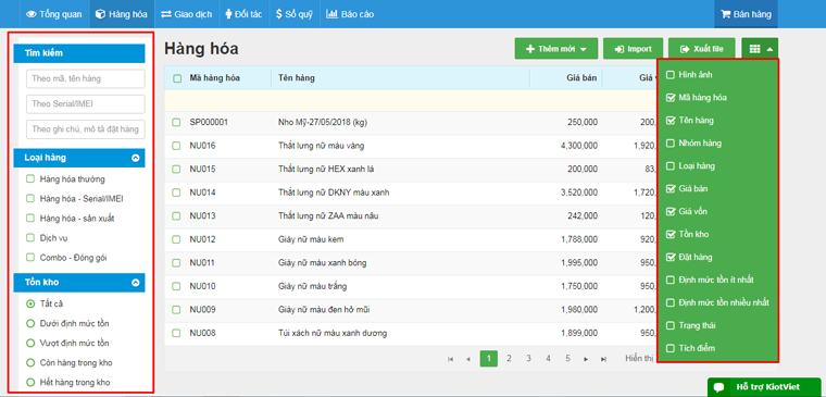 Giao diện quản lý hàng hóa của KiotViet