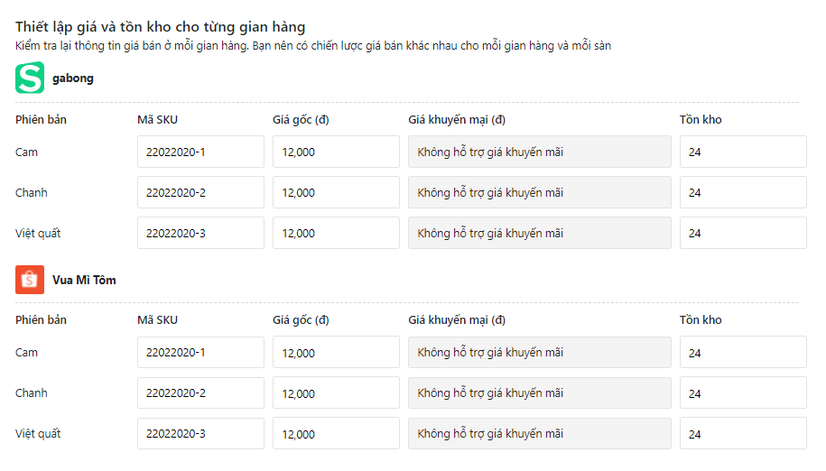 thiết lập giá và tồn kho gian hàng