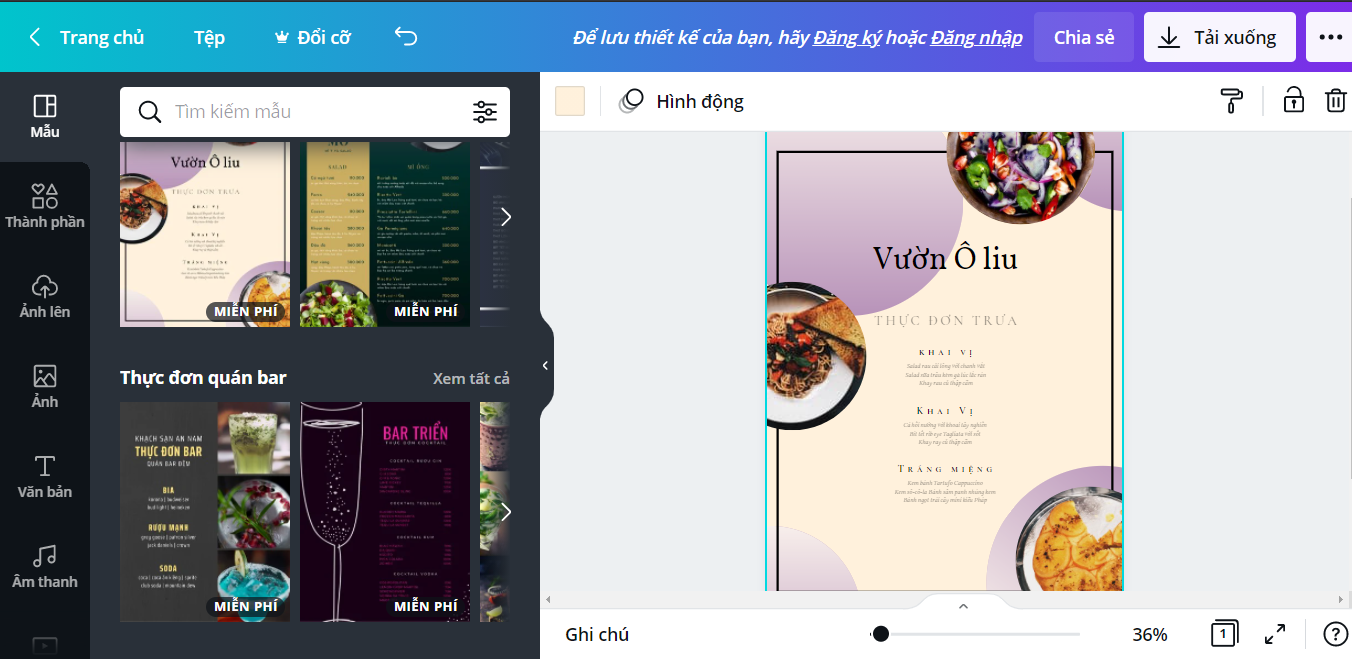 tạo menu online bằng canva